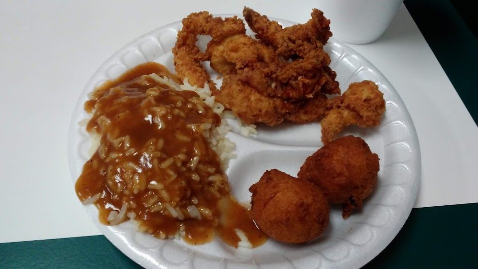 Chicken Tenders Rice & Gravy Hush Puppies